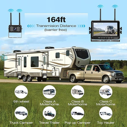 7 Inch Wireless RV Backup Camera System for Truck/Trailer/Camper/Bus, 1080P Dual/Quad Split Screen with DVR, Clear Night Vision, Support 4 Cameras, IP68 Waterproof Digital Wireless System