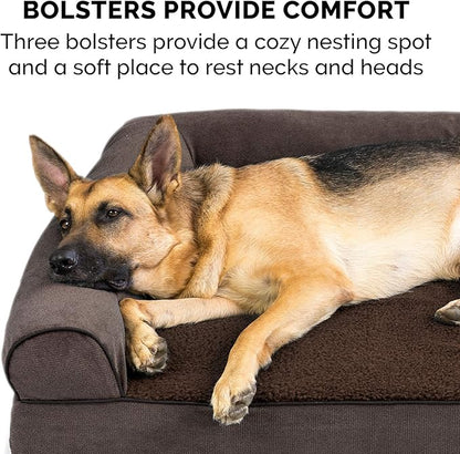 Furhaven Cooling Gel Dog Bed for Large Dogs w/ Removable Bolsters & Washable Cover, For Dogs Up to 95 lbs - Sherpa & Chenille Sofa - Coffee, Jumbo/XL