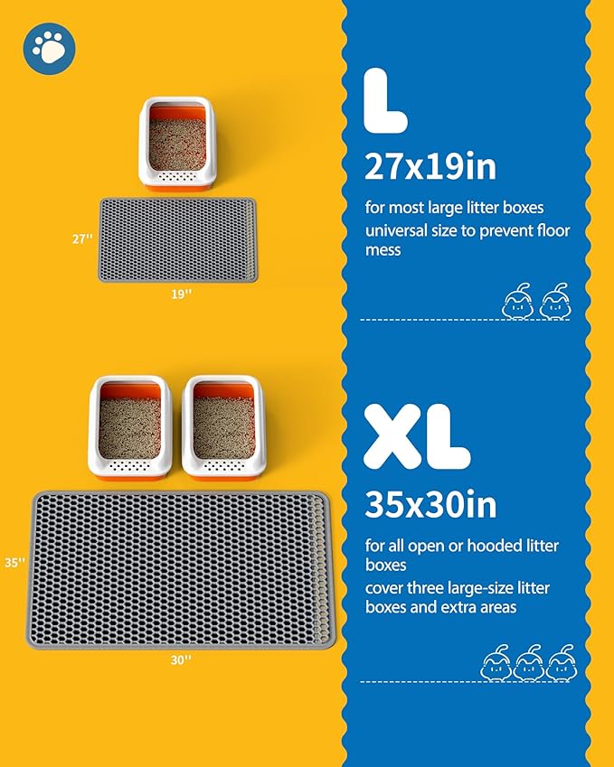 35" x 30" Cat Litter Mat - Ultra-Large Litter Box Mat with Double Layers, Urine-Proof and Non-Slip Litter Trapping Mat, Easy to Clean Kitty Litter Mats for Floor, Scatter Control, Grey