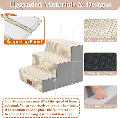GGIB Dog Stairs for Small Dogs Pet Stairs for Sofa Couch Dog Ramp Pet Steps with Removable Washable Cover, Beige, 13" H, 3-Step
