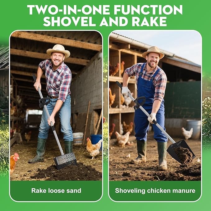2-in-1 Chicken Poop Scooper & Rake - Adjustable Chicken Coop Scoop with Handle（39、53、67 in），Stainless Steel Shovel Head- Litter Scooper Sand & Sifting Shovel for Chicken Coops