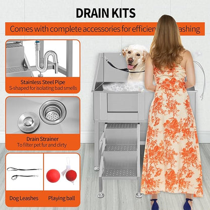 Dog Washing Station 38'' Stainless Steel Pet Grooming Tub for Large Dogs Over-Size Professional Dog Grooming Bathtub Station Wash Shower Sink Pet Grooming Bathtub Station,Left Door