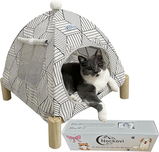 2-in-1 Elevated Cat Tent Cat House, Quick Assembly and Disassembly, Portable Indoor/Outdoor Cute Cat Bed Cave-White Diamond Pattern