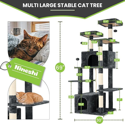 69in Large Cat Tree Tower for Indoor Cats with Soft Plush Hang Ball, Two Condos, Sisal Scratch Posts & Rope Play for Kittens/Adult Cats, Deep Grey