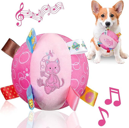 Dog Squeaky Plush Toy with Straps, 6-Inch Soft Stuffed Ball with Cotton Material and Bell Built-in, Pet Interactive Fetch Toy for Small to Large Dog