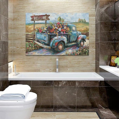 Farmhouse Truck Wall Art Rustic Country Wildflowers Wall Decor Road Flowers Landscape Pictures Canvas Print Painting Artwork for Bathroom Living Room Bedroom 16"x24"