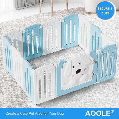 Foldable Dog Play Pen Indoors, Non-Slip Sturdy Puppy Playpen with Door, 25.5" H 12-Panel Adjustable Shape Dog Fence Pen for Small/Medium Dogs, Thickened, Easy to Store, White+Blue