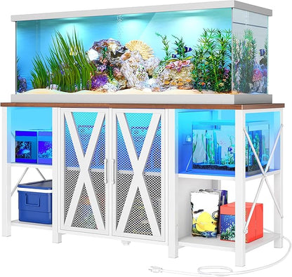 DWVO 75-120 Gallon Aquarium Stand with Power Outlet & LED Light, Cabinet for Accessories Storage - Heavy Duty Metal Fish Tank Stand Suitable for Turtle Tank, Reptile Terrarium, 2000LBS Capacity, White
