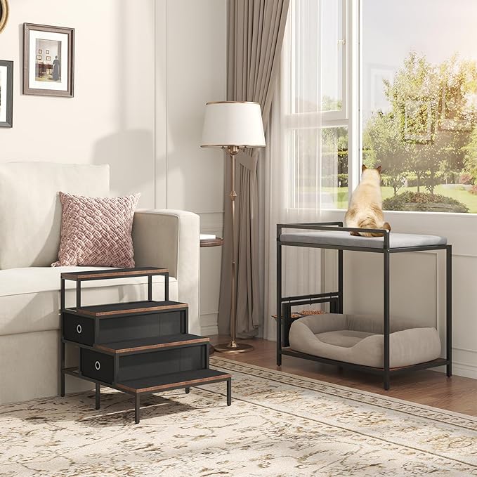 Dog Window Perch with 360° & Adjustable Raised Feeder, Pet Bunk Bed with Removable Stair and 2 Drawers, Elevated Platform Bed, Pet Elevated Seat with Cushion, Paw-Friendly Ladder