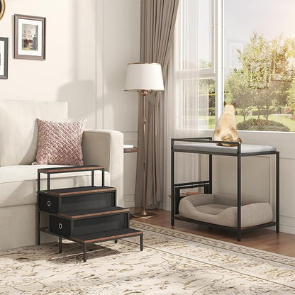 Dog Window Perch with 360° & Adjustable Raised Feeder, Pet Bunk Bed with Removable Stair and 2 Drawers, Elevated Platform Bed, Pet Elevated Seat with Cushion, Paw-Friendly Ladder