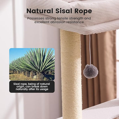 Gardner Pet 65in Heavy Duty Cat Tree Tower for Large Cats, Multi-Level Cat Furniture with Replaceable Sisal Scratching Post, Hammock | Extra-Large Platform & Condo Easy to Clean (Corduroy)