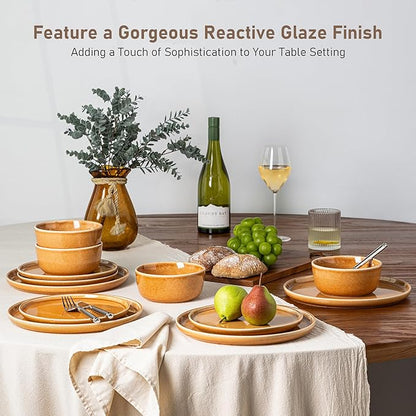 GBHOME Ceramic Dinnerware Sets for 4, 12 Pieces Stoneware Plates and Bowls Sets, Scratch Resistant Dishes, Dishwasher & Microwave Safe, Reactive Glaze-Amber