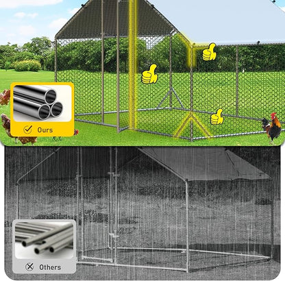 4ever2buy Large Metal Chicken Coop with Run Walk-in Poultry Cage Chicken Runs House Pen Cage Spire Roofed Chicken Coops with Anti-Ultraviolet Cover for Outdoor Backyard Farm Use 9.8’L x 6.6’W x 6.4’H