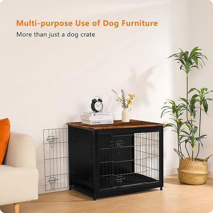 DWANTON Dog Crate Furniture with Cushion, Wooden Kennel Table with Double Doors, Indoor Dog House, Medium Size, 32.5" L, Black+Rustic Brown