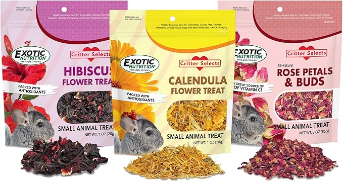 Exotic Nutrition Flower Treat 3 Pack - Healthy Assortment - Hibiscus, Calendula, Rose - for Squirrels, Guinea Pigs, Rabbits, Chinchillas, Prairie Dogs, Degus, Hamster, Gerbils, & Other Herbivores