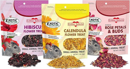 Exotic Nutrition Flower Treat 3 Pack - Healthy Assortment - Hibiscus, Calendula, Rose - for Squirrels, Guinea Pigs, Rabbits, Chinchillas, Prairie Dogs, Degus, Hamster, Gerbils, & Other Herbivores