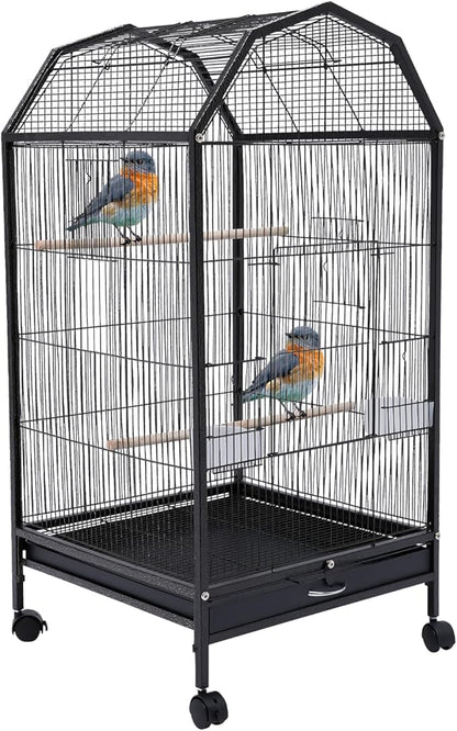 40-Inch Wrought Iron Bird Cage with Open-Top and Rolling Stand, Movable Parrot Cage Pet Bird Flight Cage, 360 Degree View Spacious Interactive Roof Pet Bird House for Medium&Small Birds