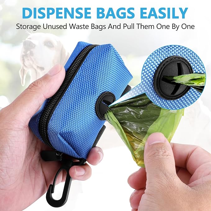 Dog Waste Bag Dispenser Pet Poop Bags Holder for Doggie Waste Bags Dispensers Soft Fabric Zipper Small Doggy Puppy Pouch for Leash Accessory Attachment with Carrier,2PCS Blue