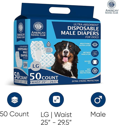 American Kennel Club Male Dog Wrap, Disposable Diapers with Wetness Indicator, Large, 50 Count (Pack of 6)