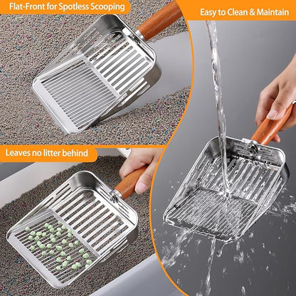 304 Stainless Steel Cat Litter Scoop, One-Piece Pressed Design with No Weld Spots, Durable Anti-Break Handle, Dual Slot Sizes, Easy to Clean, Filters Small Litter Clumps Litter Scoop