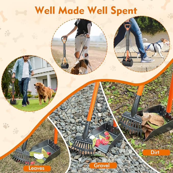 28" Pooper Scooper and 38" Heavy Duty Stainless Steel Rake & Tray Set, 3 in 1 Portable Dog Pooper Scooper Set for Large Medium Small Dogs in Grass, Dirt or Gravel