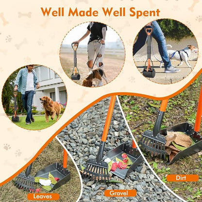 28" Pooper Scooper and 38" Heavy Duty Stainless Steel Rake & Tray Set, 3 in 1 Portable Dog Pooper Scooper Set for Large Medium Small Dogs in Grass, Dirt or Gravel
