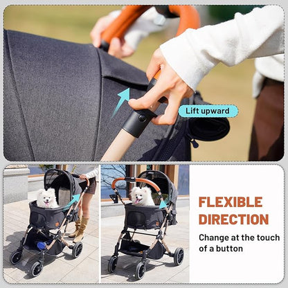 EchoSmile Small Medium Dogs Stroller 4-Wheel Pet Strollers for Medium Dogs Up to 50lbs, One Click Folding Large Cat Stroller, Reversible Handle, Shock Absorbing Wheels, Removable Washable Pad