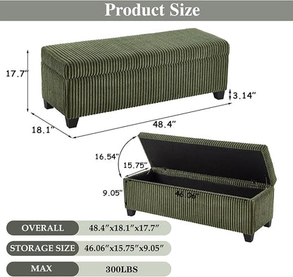 48" Green Ottoman with Storage, Corduroy Storage Ottoman Bench for Bedroom, End of Bed Bench with Safety Hinge for Living Room, Entryway