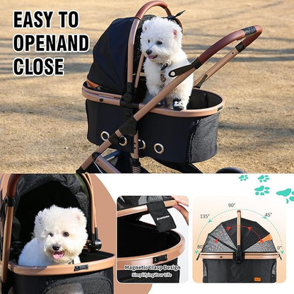 EchoSmile 4 in 1 Pet Stroller, Folding Lightweight Cat & Dog Stroller with Detachable Carrier, NO-Zip 180° Reversible Canopy, All Terrain 4-Wheel,45 lbs Capacity for Small to Medium Dogs