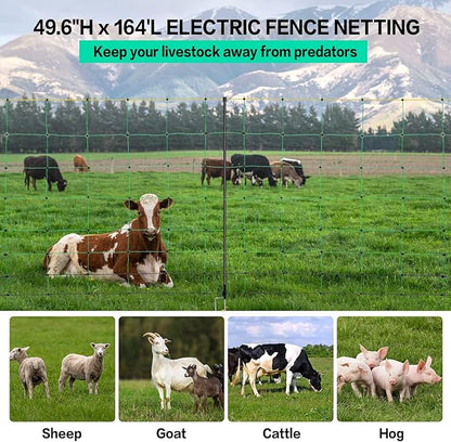 Electric Fence Netting, 49.6" H x 164' L, PE Net Fencing Kit with 14 Posts Double Spiked, Utility Portable Mesh for Sheep Hogs Goats Deer Dogs Lambs Used in Backyards Farms Ranches Patio, Green
