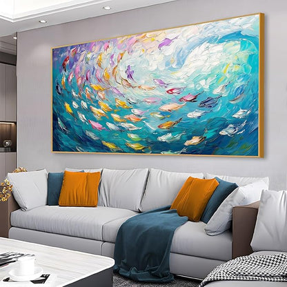 Fish Canvas Wall Art, Abstract School of Fish Canvas Wall Art, School of Fish Painting Canvas, School of Fish Wall Art, Fish Wall Decor, Fish Pictures Wall Decor, Bedroom Canvas Wall Decor (Black Framed, 48"x27" | 122x68cm)