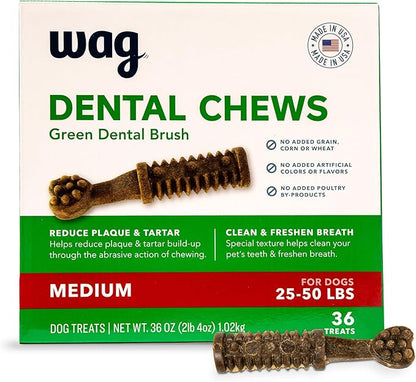 Amazon Brand - Wag Dental Dog Treats to Help Clean Teeth & Freshen Breath - Medium, Unflavored, 36 Count (Pack of 1)