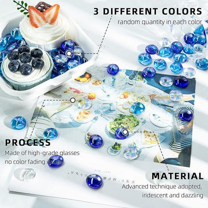 FUTUREPLUSX 1LB Iridescent Flat Glass Marbles, Blue Mixed Glass Beads Vase Fillers Decorative Gem Pebbles Sparkling Floral Fish Tank Rocks for Vases Table Scatter Aquarium Decor DIY Craft