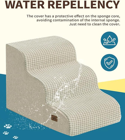 Dog Step for Bed, Dog Stair 3-Step 35D Pet Stair 15.7" H for High Bed or Sofa Non-Slip Balanced Pet Step Indoor, Beige