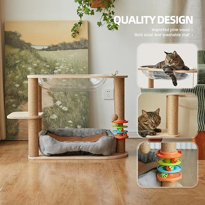 2 Tier Cat Tower,21.85 in cat Perch Wood cat condo with Hammock and Sisal Rope Scratcher Post Hanging Toy Balls for Indoor Large Cats Kittens (Grey)
