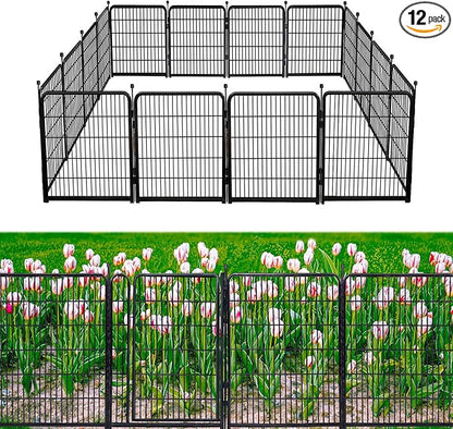 Garden Fencing 48in High No Door, 12 Panels Total 26.6Ft(L) Dog Fence Outdoor for Yard. Black Metal Fencing for Yard 4ft Tall, Flower Bed Fence, Animal Barrier Fences