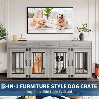 71 Inch Dog Crate Furniture for 2 Rooms, Wooden Double Crate Large Breed with Door, Dog Kennel Indoor, TV Stand End Table with Divider for Large Medium Dogs,Grey