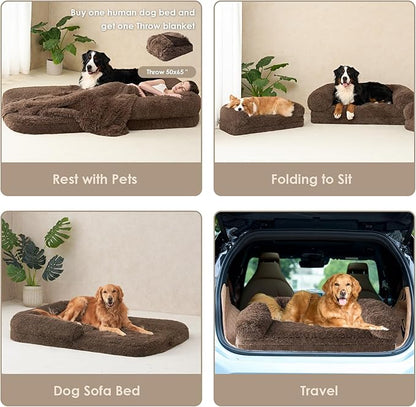 EHEYCIGA Foldable XL Dog Bed, Faux Fur Fluffy Pet Couch Bed for Large Dogs, Orthopedic Calming Memory Foam Big Pet Bed, Washable Soft Pet Sofa Bed with Non-Slip Bottom, Brown, 46"x34"x6.5"