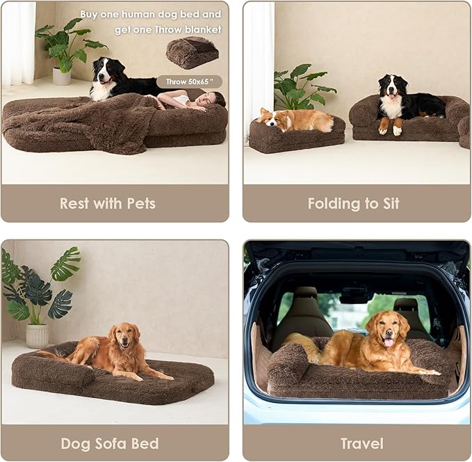 EHEYCIGA Foldable XXL Dog Bed, Faux Fur Fluffy Pet Couch Bed for Extra Large Dogs, Orthopedic Calming Memory Foam Big Pet Bed, Washable Soft Pet Sofa Bed with Non-Slip Bottom, Brown, 54"x38"x7.5"