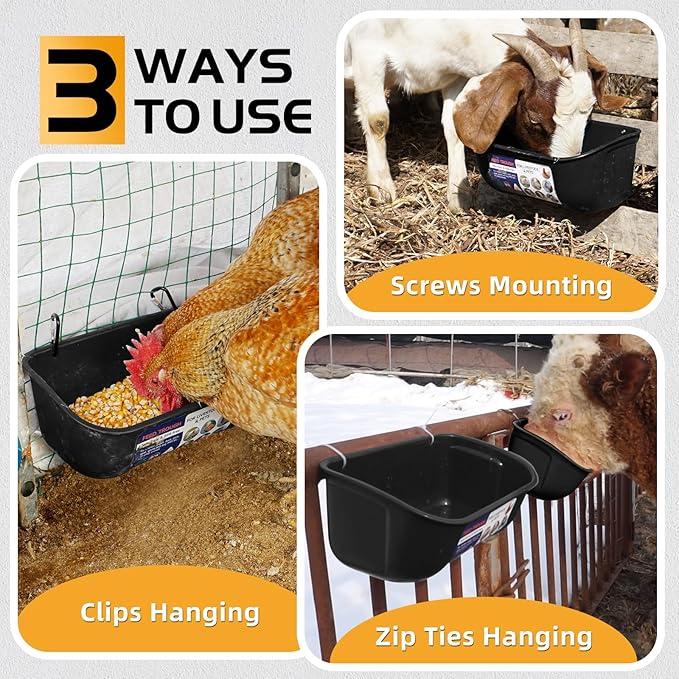Goovilla Chicken Feeder Waterer, Hanging or Screw-in Fence Feeders with Clips, 2 Pack 5 Quart Goat Feeding Supplies, Duck Piglet Sheeple Coop Dog Livestock Poultry Plastic Feeder Trough Bucket, Black