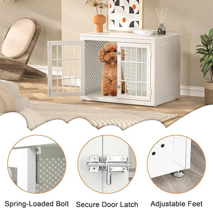32" Heavy Duty Dog Crate Furniture for Small and Medium Dogs, Metal Kennel for High Anxiety Dogs, Chew Proof Pet Cage Indoor, Decorative Dog Kennel End Table, White