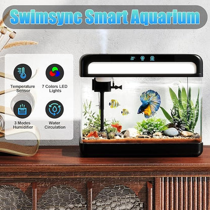 Fish Tank 3 Gallon Smart Aquarium Kits with Silent Water Pump,Self Cleaning System,7 Color Lights,Temperature Display, Aromatherapy, Advanced Filtration for Small Fish Kids Room Desktop Decor