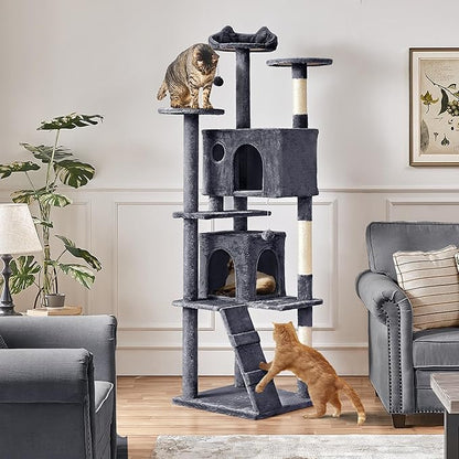Yaheetech XL Cat Tree, 80in Multi-Level Cat Tower with Cat Scratching Posts, Double Cat Caves, Perched Platforms and Dangling Balls, Cat Stand House for Kittens Pet, Dark Gray