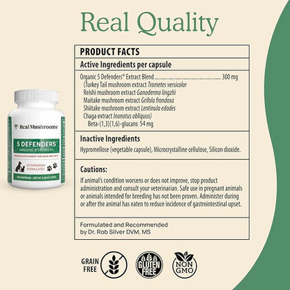 5 Defenders Mushroom Supplement for Cats & Dogs – Chaga, Shiitake, Reishi, Turkey Tail, Maitake – Cat Multivitamin & Dog Supplement for Wellness Support– 90 ct Real Mushrooms Powder Capsules