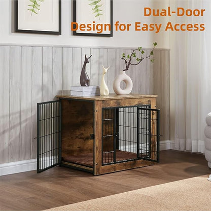 FLEXIMOUNTS Dog Crate Furniture with Cushion, Wooden Dog Kennel Furniture, Heavy Duty Dog Cage, 27" Dog Kennel with Double Doors