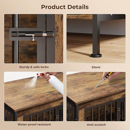 78 Inch Dog Cage Furniture for 2 Large/Medium Dogs with Removable Divider, Extra Large Double Doors Dog Kennel, XXL Thick Wooden Dog cage Furniture, Durable and Sturdy, Brown