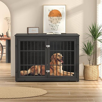 42" Heavy Duty Dog Crate Furniture for Large and Medium Dogs, Enclosed Design Wooden Metal Kennel, Wooden Cage Furniture Indoor, Decorative Dog Kennel End Table