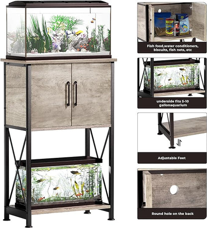 5-10 Gallon Fish Tank Stand, Metal Double Aquarium Stand with Cabinet for Fish Tank Accessories Storage, Heavy Duty 20.5" L* 11.02" W Tabletop, 500LBS Capacity Grey PG06YGZ