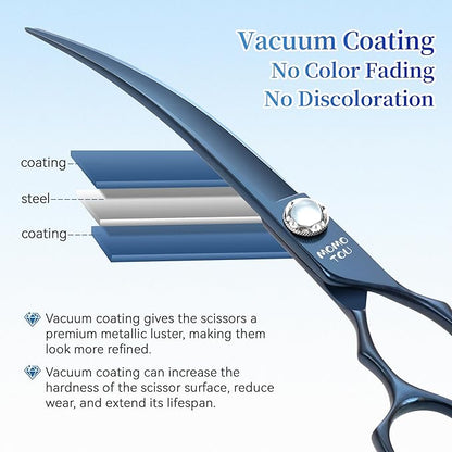 7 inch Matte Blue Curved Dog Grooming Scissors Professional 440C Stainless Steel Dog Shears Smooth Cutting Comfortable Grip and Easy to Use for Groomers and Home Use