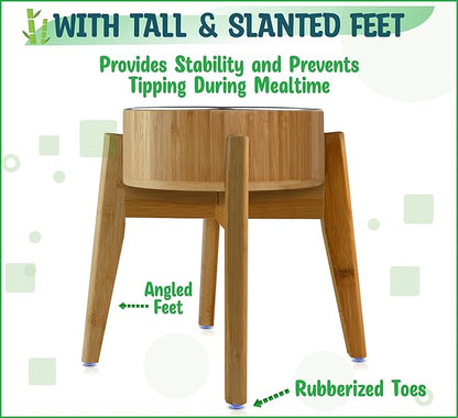 Elevated Dog Bowls for Large Breed - (15-Inch Tall, 74-oz Cap), Deter Ants and Bugs - Raised Single Feeder, Suitable for Dry and Wet Pet Foods - Bamboo with Stainless Steel Dish